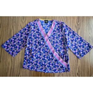 W5 Women Blouse Large Blue Floral Boho Wrap V-Neck 3/4 Kimono Sleeve Top EUC 🌺
